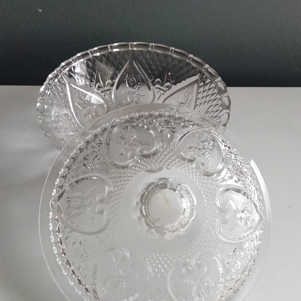 Clear Crystal Glass Footed Bowl With Dome Shape Lid Heart Etched Vintage Serving